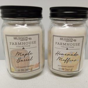 NWT! Two Hudson 43 Farmhouse Jar Candles - 12oz - Maple Barrel & Homemade Muffin
